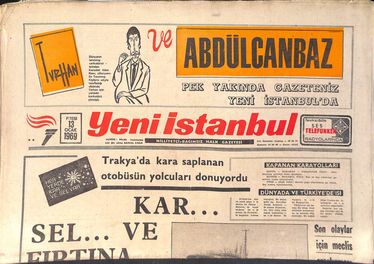 Yeni İstanbul Gazetesi 13 Ocak 1969 - Fenerbahçe Bursa'da Galip - Türkeş : CKMP'yi Kapatsınlar Görelim GZ156750 - 1