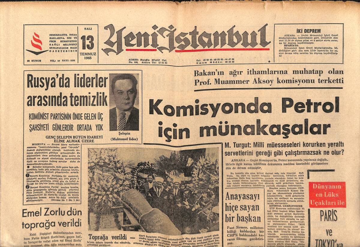 Yeni İstanbul Gazetesi 13 Temmuz 1965 - Emel Zorlu Dün Toprağa Verildi - Fenerbahçe, Stad İçin Kati Karar Veremedi GZ150802 - 1