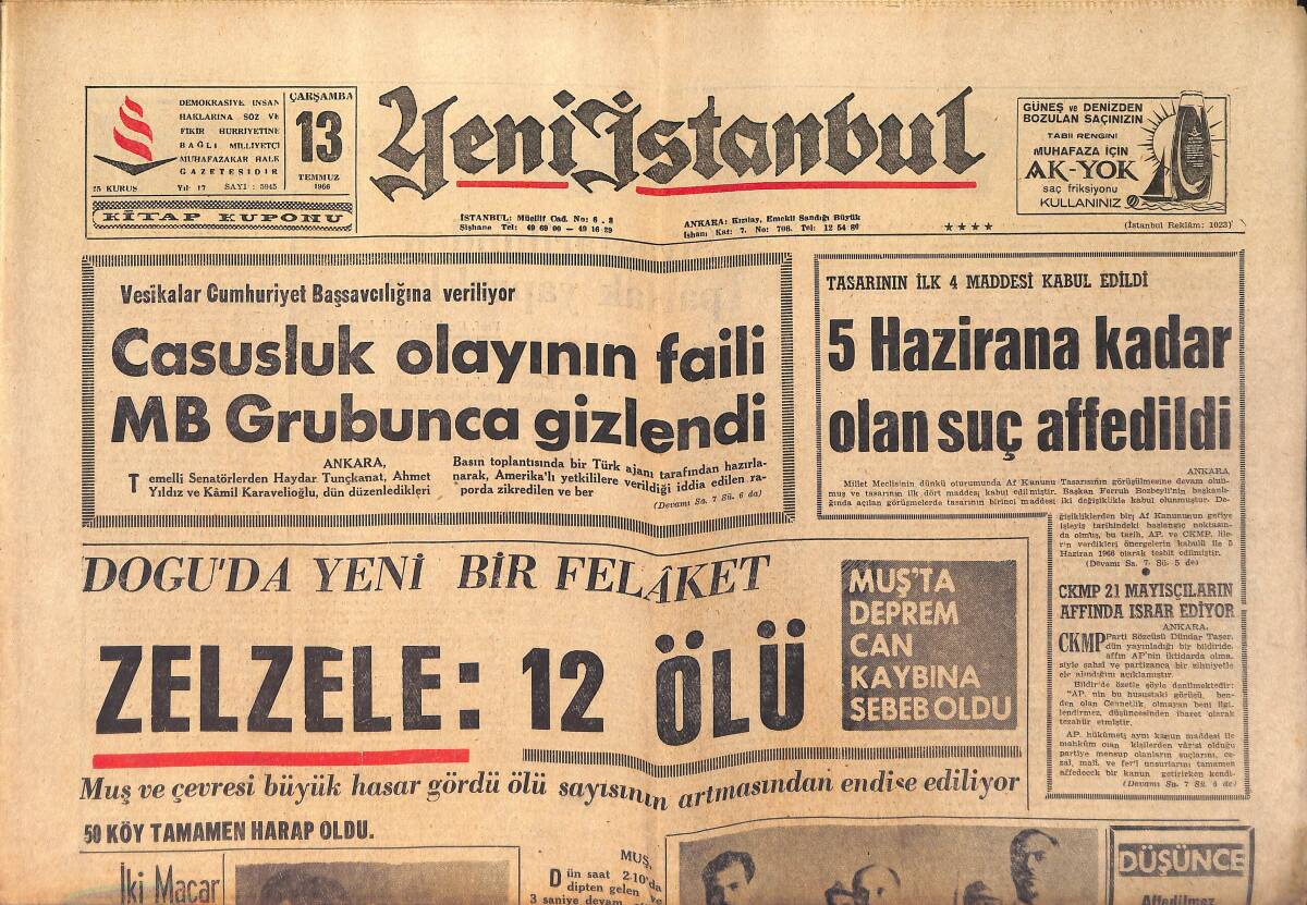 Yeni İstanbul Gazetesi 13 Temmuz 1966 - Muş'ta Deprem Can Kaybına Sebep Oldu GZ158743 - 1