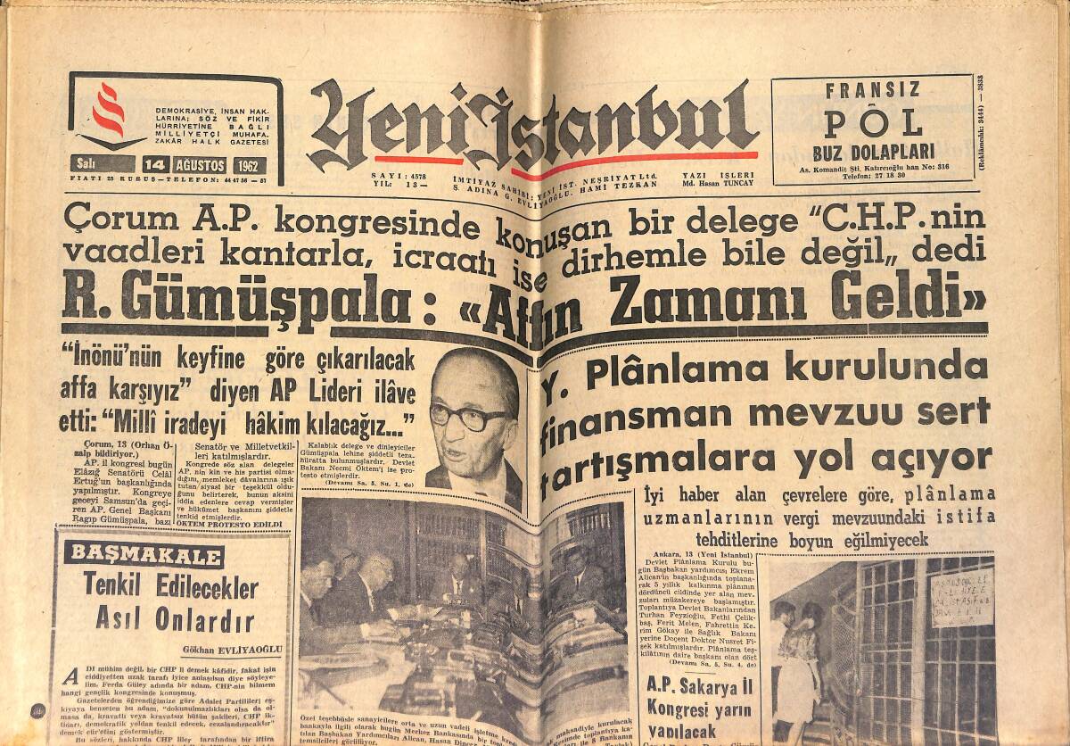 Yeni İstanbul Gazetesi 14 Ağustos 1962 - İstanbul Kulüpleri Mahalli Lig İstiyor - Galatasaray Hollanda'ya Gidiyor GZ153320 - 1