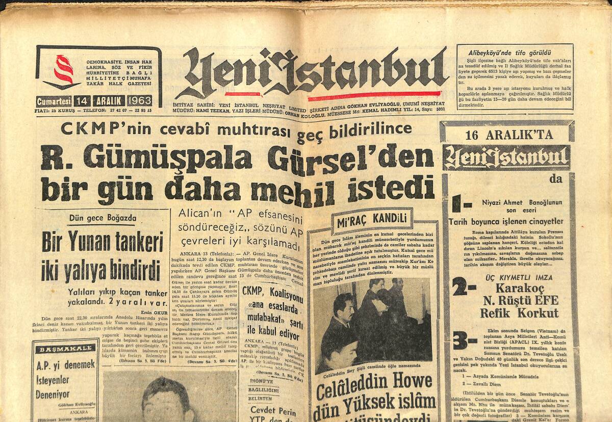 Yeni İstanbul Gazetesi 14 Aralık 1963 - Beşiktaş Bugün Göztepe Önünde - Lefter, Yılın Sporcusu Ve Unutulmayan Adam GZ151147 - 1