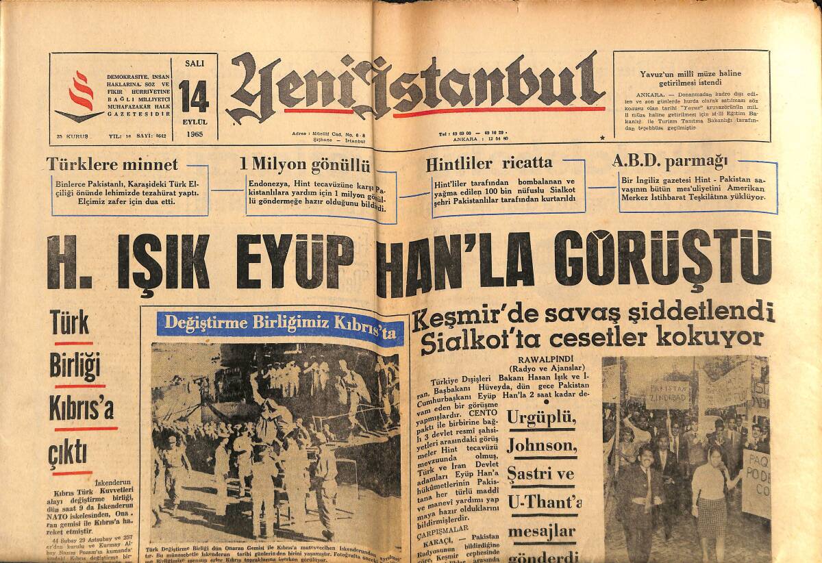 Yeni İstanbul Gazetesi 14 Eylül 1965 - H. Işık Eyüp Han'la Görüştü - Dr. Sükan , Doğu Gezisine Başladı GZ152770 - 1