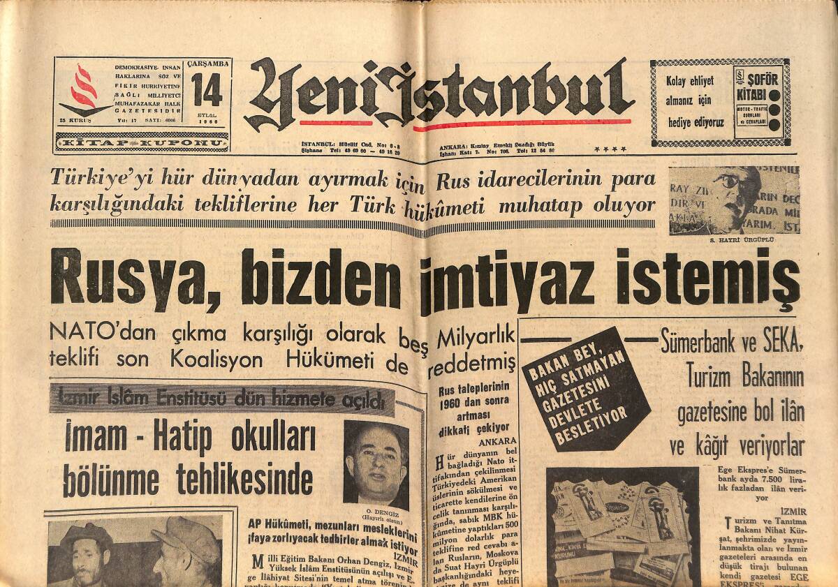Yeni İstanbul Gazetesi 14 Eylül 1966 - Rusya, Bizden İmtiyaz İstemiş - İmam Hatip Okulları Bölünme Tehlikesinde GZ151106 - 1