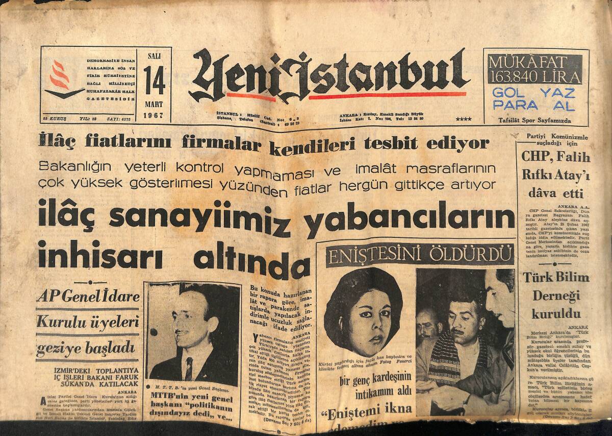 Yeni İstanbul Gazetesi 14 Mart 1967 - İlaç Sanayiimiz Yabancıların İnhisarı Altında - De Gaulle'nin Oğlu Fransız Bahriyesinde GZ140557 - 1