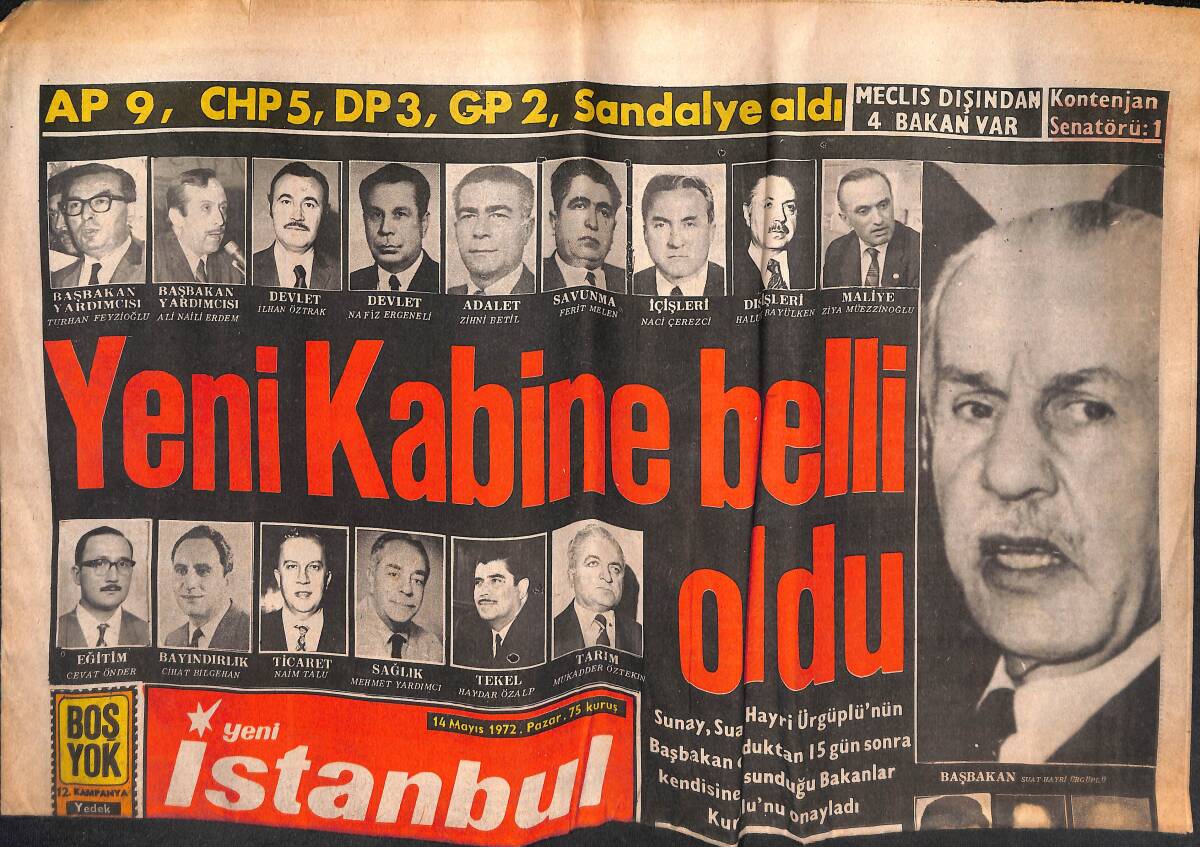 Yeni İstanbul Gazetesi 14 Mayıs 1972 - Yeni Kabine Belli Oldu - CHP Genel Başkanı Bugün Seçiliyor GZ134189 - 1