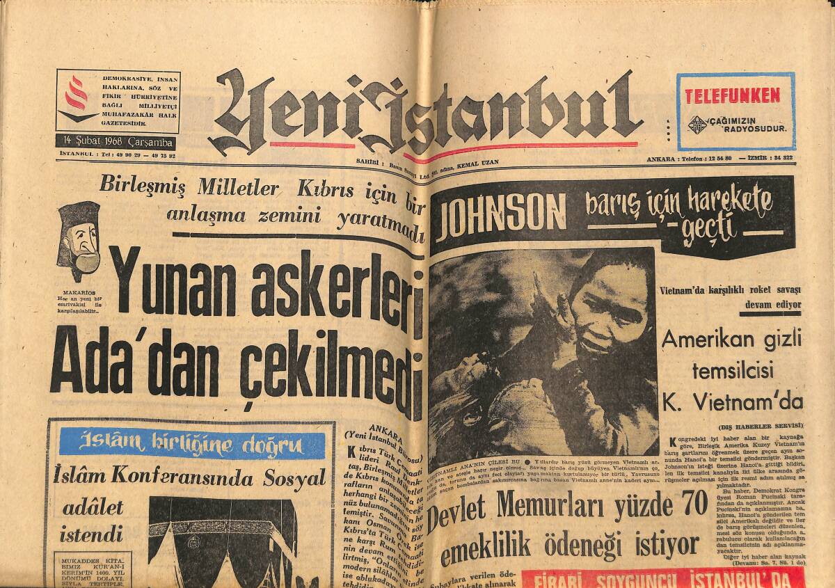 Yeni İstanbul Gazetesi 14 Şubat 1968 - Yunan Askerleri Ada'dan Çekilmedi - Johnson Barış İçin Harekete Geçti GZ148881 - 1