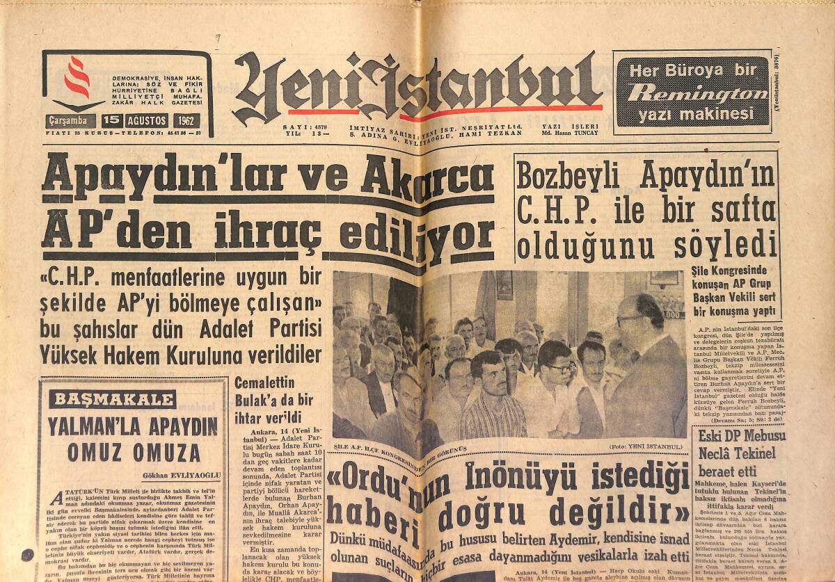 Yeni İstanbul Gazetesi 15 Ağustos 1962 - Amerikalılar İzmir Halkından Özür Dilediler - Koçero'nun Habercisi GZ153319 - 1
