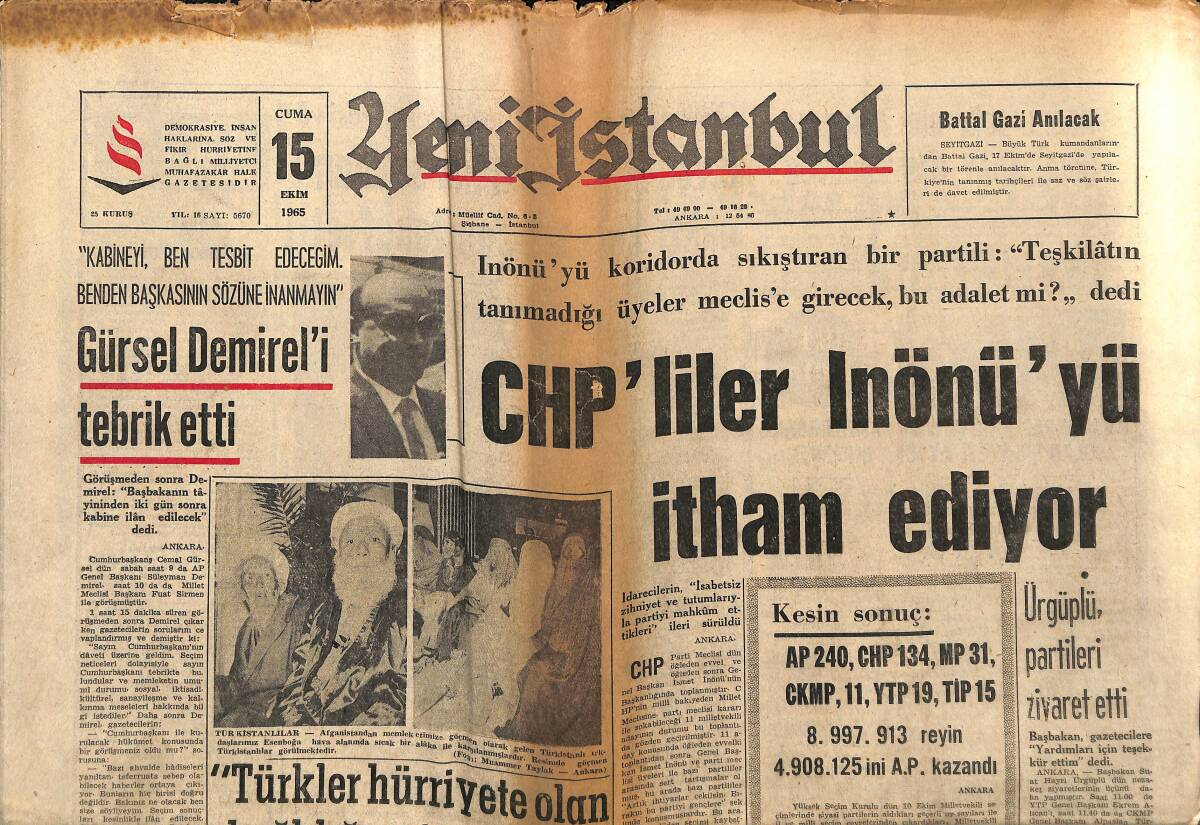 Yeni İstanbul Gazetesi 15 Ekim 1965 - Gürsel Demirel'i Tebrik Etti - Alican , Genel Başkanlıktan Çekilecek GZ152748 - 1