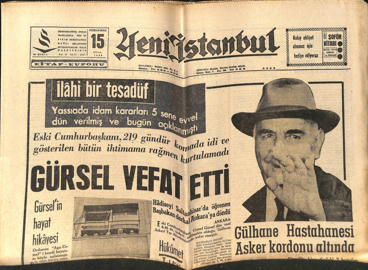 Yeni İstanbul Gazetesi 15 Eylül 1966 - Cemal Gürsel Vefat Etti - G. Kılıç: Metinle İhtilafım Yok GZ151111 - 1