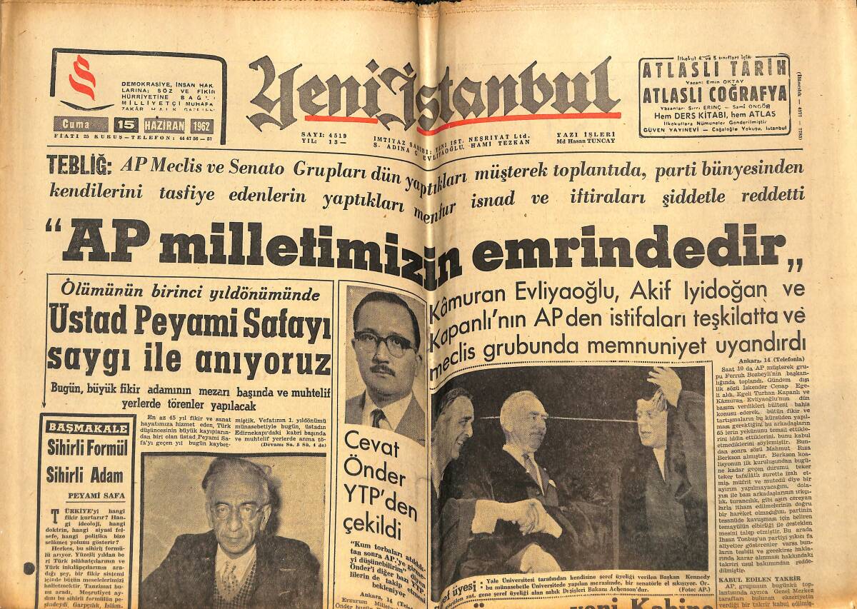 Yeni İstanbul Gazetesi 15 Haziran 1962 - Cevat Önder YTP'den Çekildi - Fuat Arna Dün CKMP'den İstifa Etti GZ142913 - 1