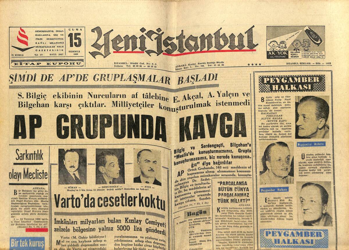 Yeni İstanbul Gazetesi 15 Temmuz 1966 - 18 Kuran Kursu Öğrencisi Nezarete Alındı - Jackie Kennedy Yalnız Kalma İhtiyacı İçinde - Pele Baba Oluyor GZ151153 - 1