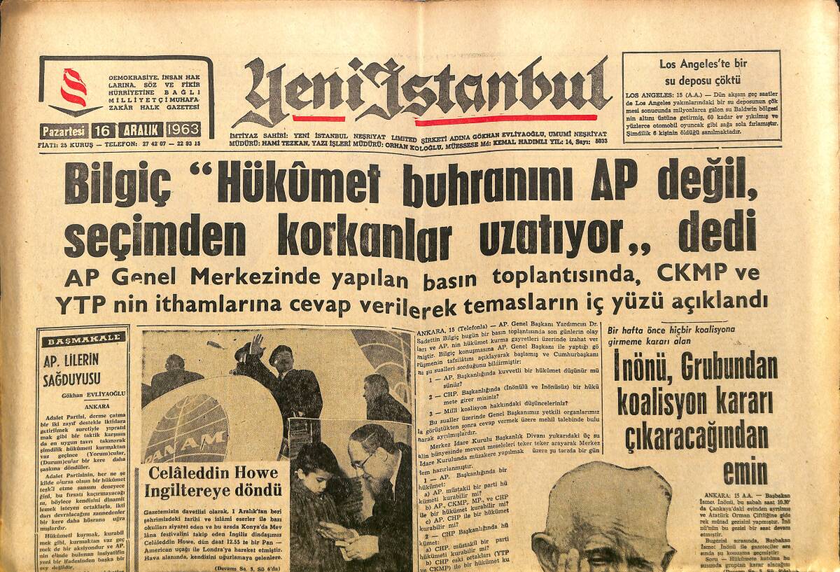 Yeni İstanbul Gazetesi 16 Aralık 1963 - İnönü, Grubundan Koalisyon Kararı Çıkaracağından Emin - Yunan Ve Türk Kaptanları Tevkif Edildi! GZ140396 - 1