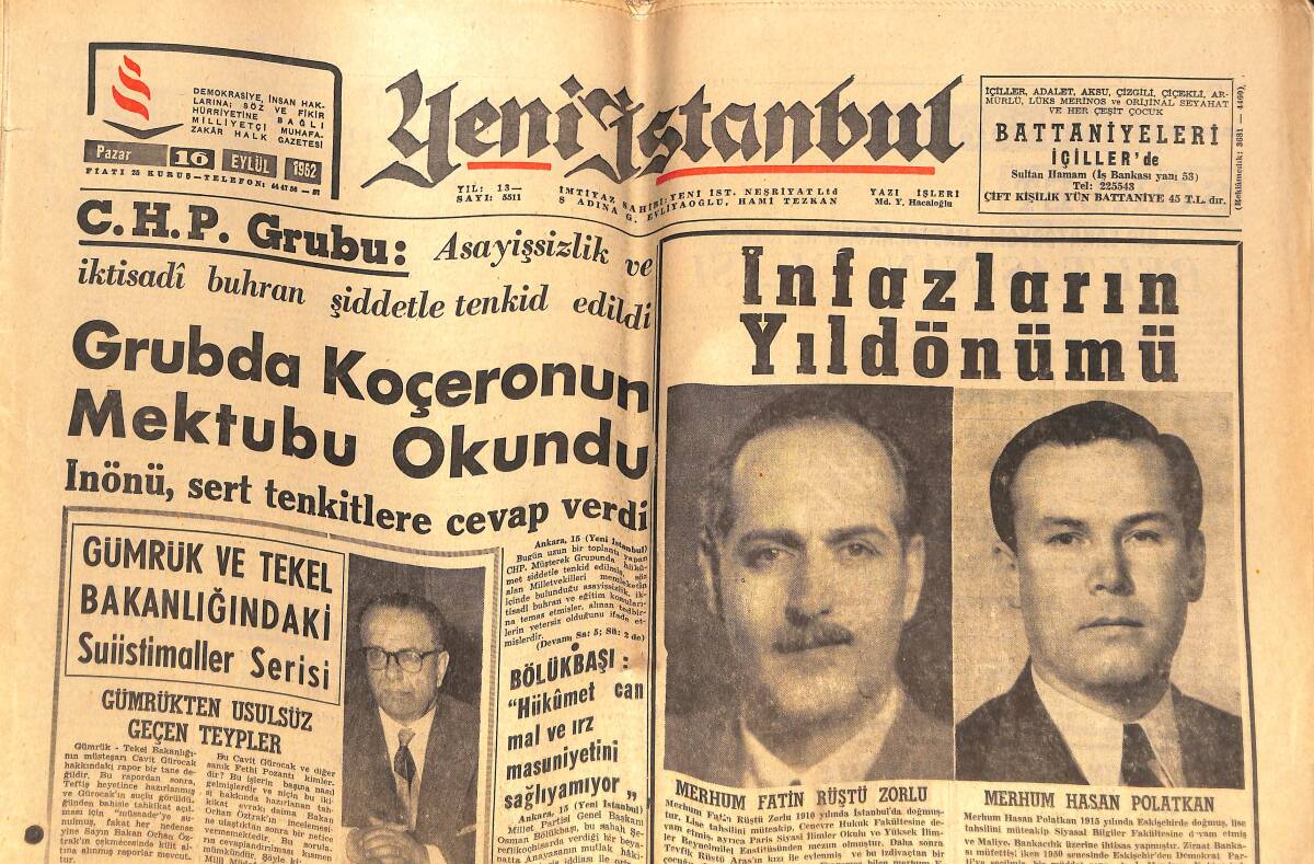 Yeni İstanbul Gazetesi 16 Eylül 1962 - Grubada Koçeronun Mektubu Okundu - İnfazların Yıldönümü GZ149056 - 1