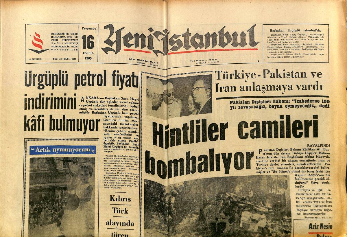 Yeni İstanbul Gazetesi 16 Eylül 1965 - Hintliler Camileri Bombalıyor - Bin Bella'nın Durumunu Bütün Dünya Merak Ediyor GZ152681 - 1