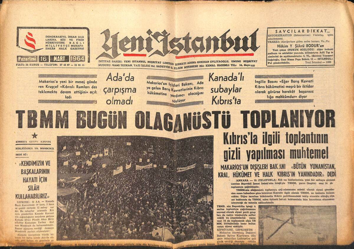 Yeni İstanbul Gazetesi 16 Mart 1964 - İstanbul'da Halk , Gençlik Türk Kıbrıs İçin And İçti GZ158791 - 1