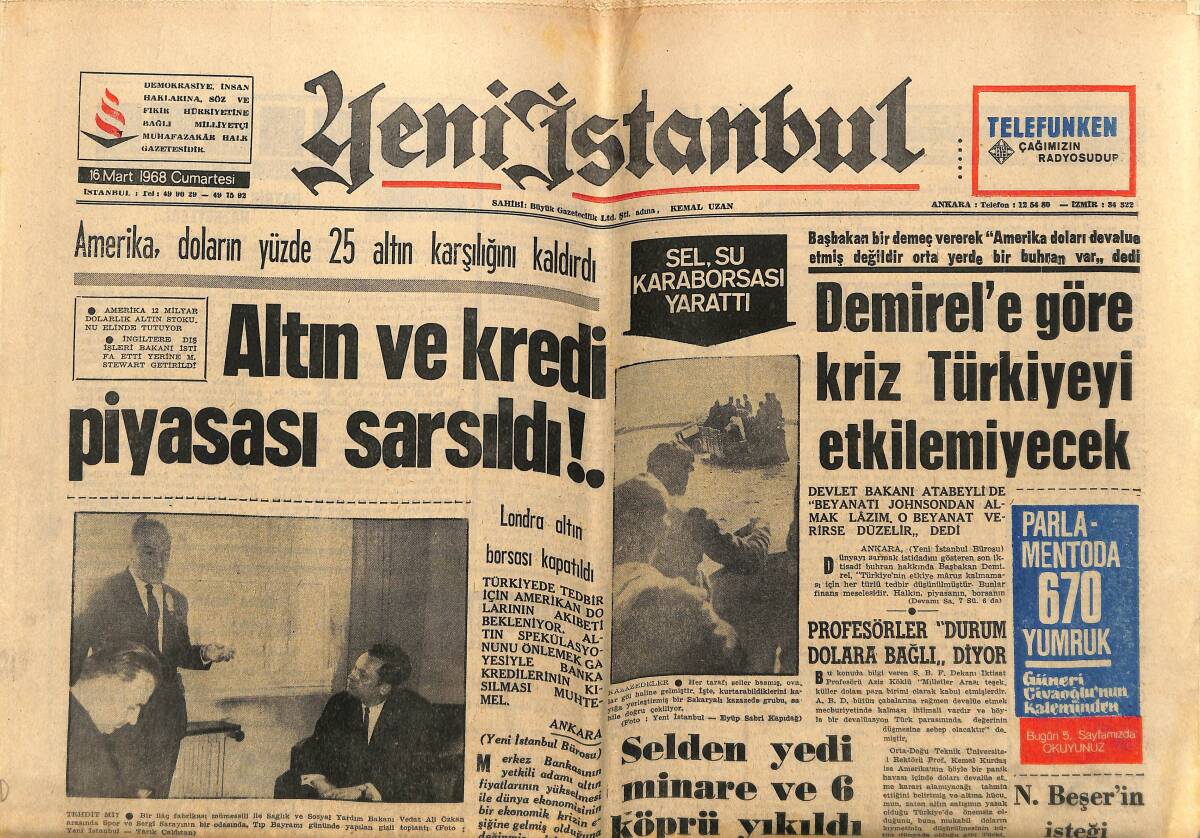 Yeni İstanbul Gazetesi 16 Mart 1968 - Anadol Afiş - Altın Ve Kredi Piyasası Sarsıldı GZ152752 - 1