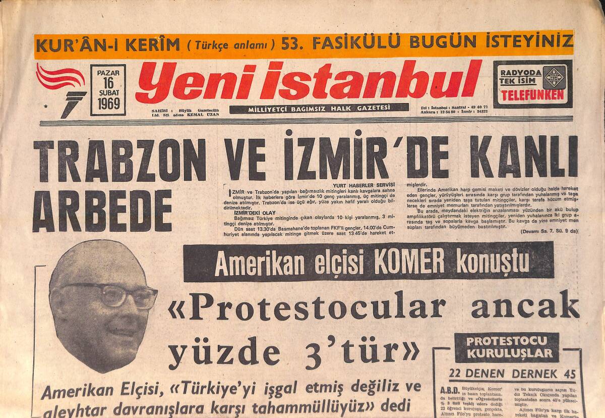 Yeni İstanbul Gazetesi 16 Şubat 1969 - Trabzon Ve İzmir'de Kanlı Arbade - Edirne Gümrüğünde Açık Satış Vardı GZ156867 - 1