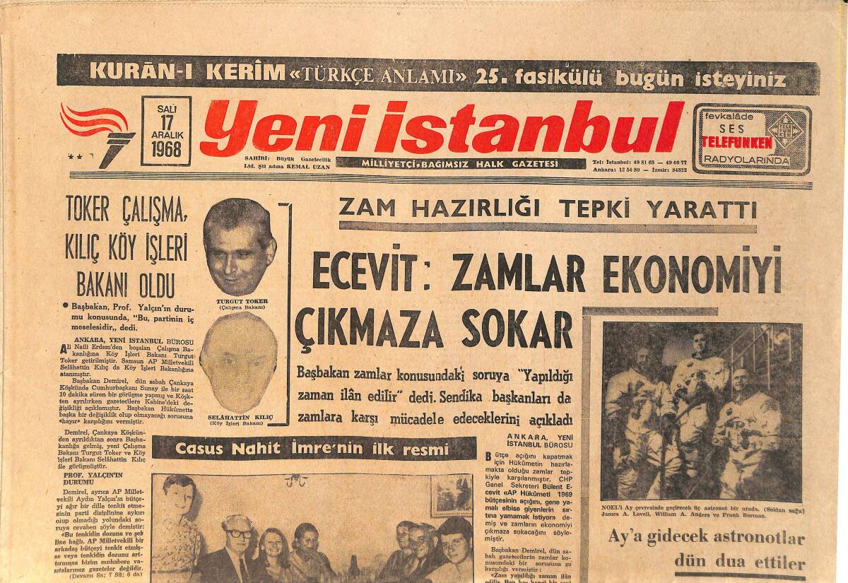 Yeni İstanbul Gazetesi 17 Aralık 1968 - Ecevit: Zamlar Ekonomiyi Çıkmaza Sokar - Fenerbahçe'de Bayram GZ157087 - 1