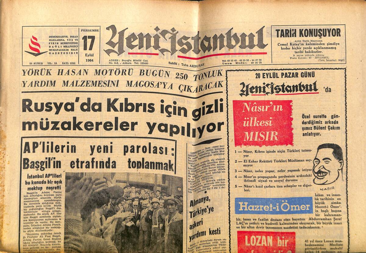 Yeni İstanbul Gazetesi 17 Eylül 1964 - Rusya'da Kıbrıs İçin Gizli Müzakereler Yapılıyor - G.Saray - FC Magdeburg Rövanşı Bu Gece... GZ140364 - 1