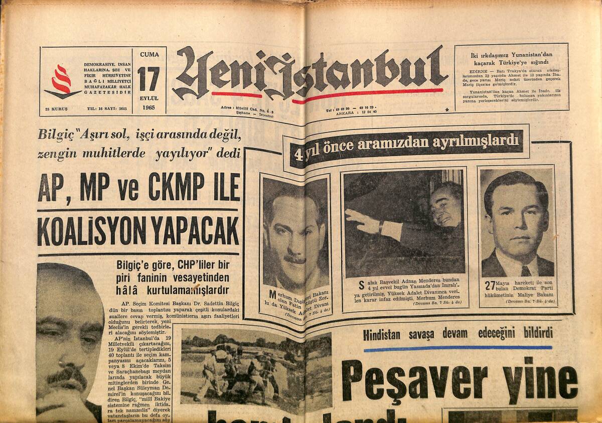 Yeni İstanbul Gazetesi 17 Eylül 1965 - M. Turgut'a Karşı Hücumlar Şiddetlendi - Beş Milyon İnsan Tütünle Geçiniyor GZ152732 - 1