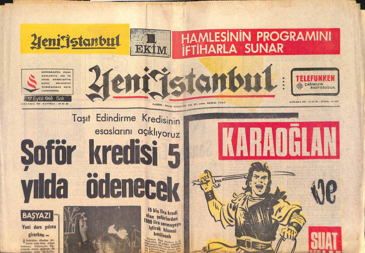 Yeni İstanbul Gazetesi 17 Eylül 1968 - Şoför Kredisi 5 Yılda Ödenecek GZ158734 - 1