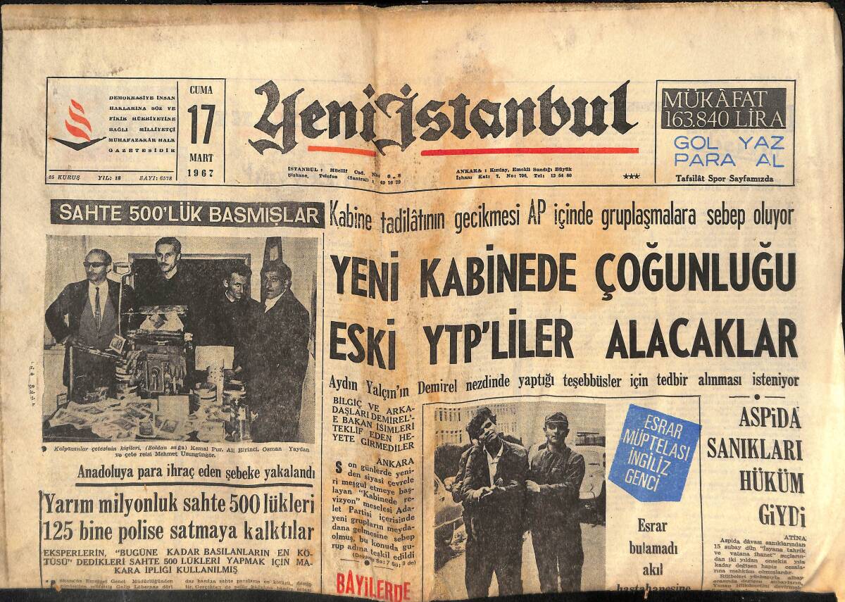 Yeni İstanbul Gazetesi 17 Mart 1967 - Yeni Kabinede Çoğunluğu Eski YTP'LİLER Alacaklar - Metin Oktay, Takımı Moralman Çökertiyor GZ140543 - 1