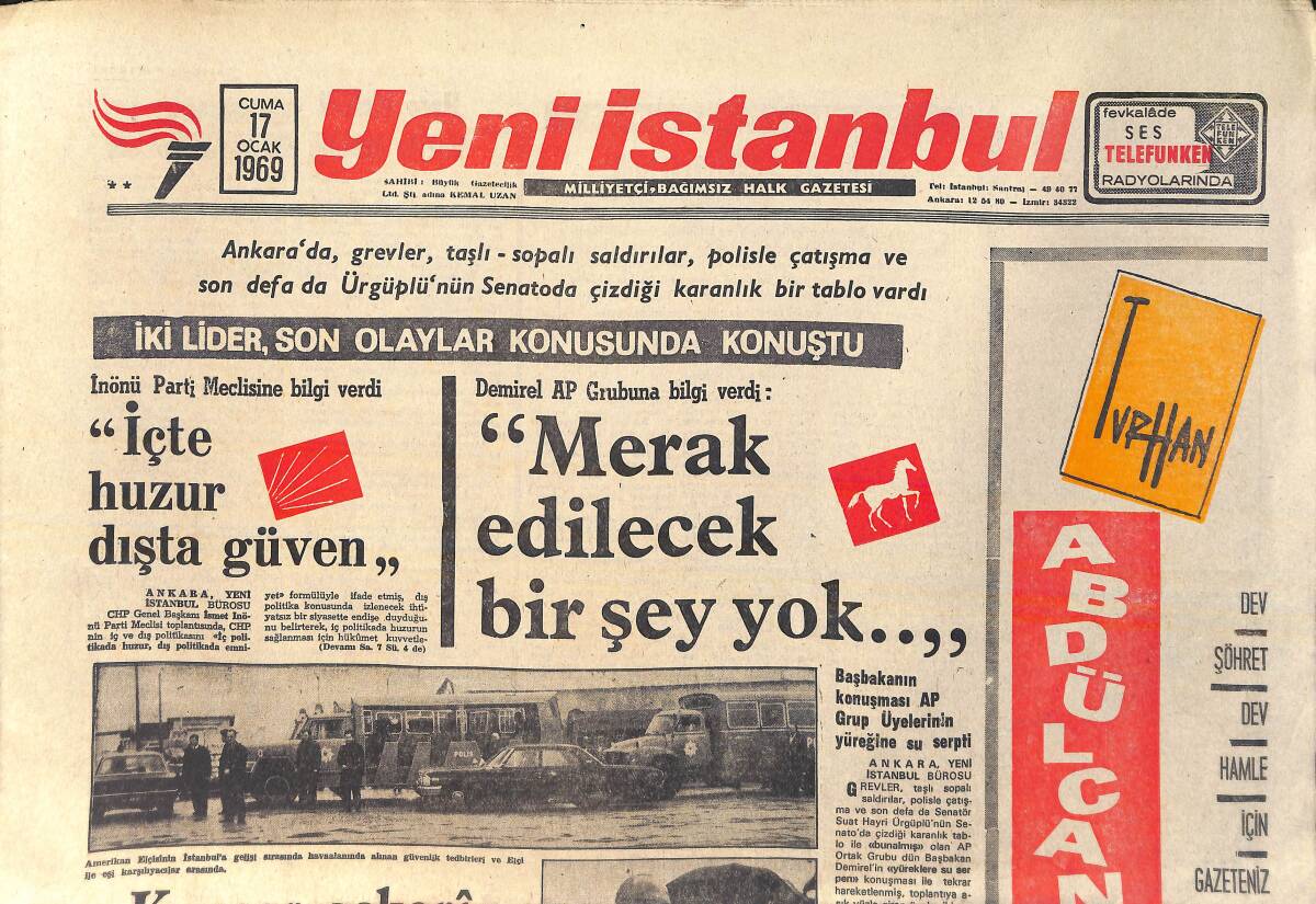 Yeni İstanbul Gazetesi 17 Ocak 1969 - Ankara'da Taşlı, Sopalı Grev - Fenerli Futbolcu Ogün Futbola Devam Kararı Aldı GZ157035 - 1