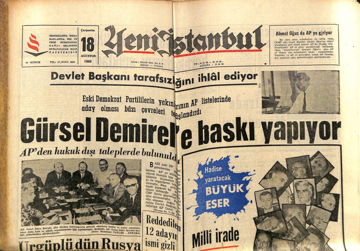 Yeni İstanbul Gazetesi 18 Ağustos 1965 - Gürsel Demirel'e Baskı Yapıyor - Amerika Castro'nun Yıkıcı Hareketlerini Açıkladı GZ152694 - 1