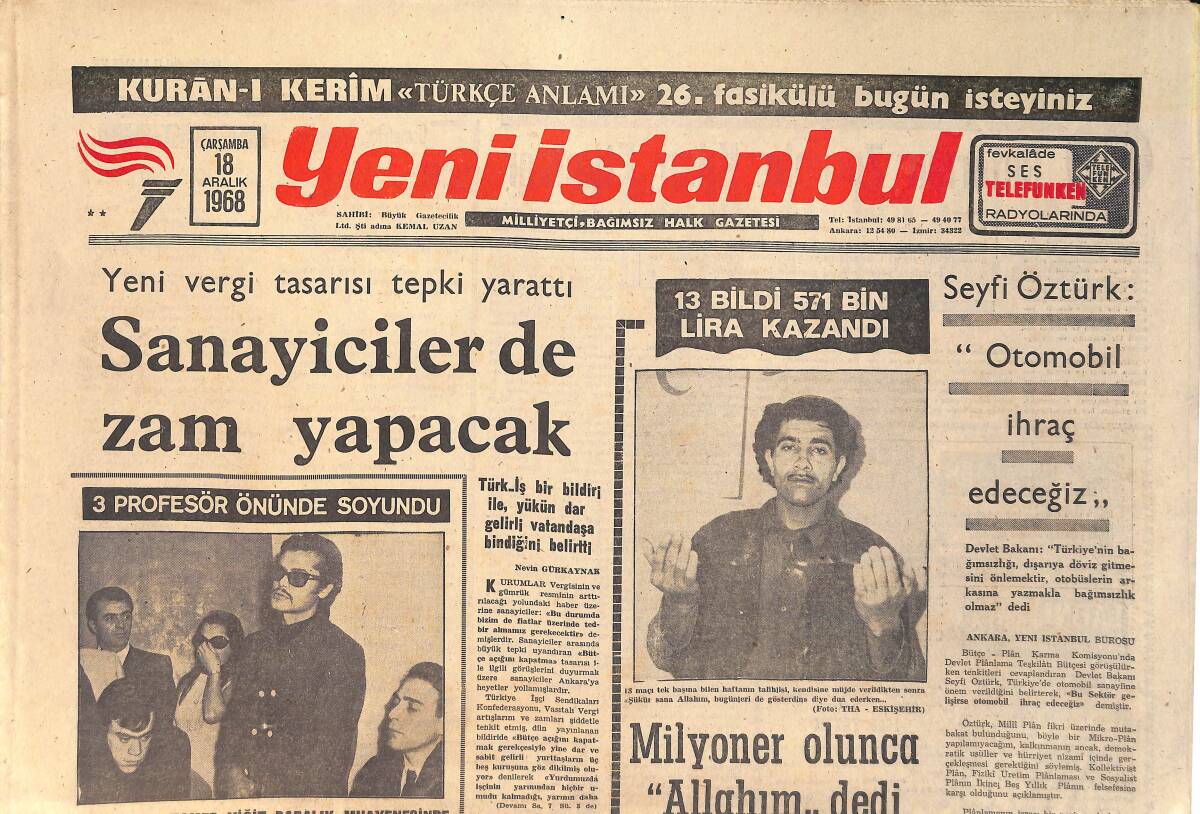 Yeni İstanbul Gazetesi 18 Aralık 1968 - Tamer Yiğit Babalık Muayenesinde - Denktaş: Rumlarla Dostça Yaşayabiliriz GZ157088 - 1