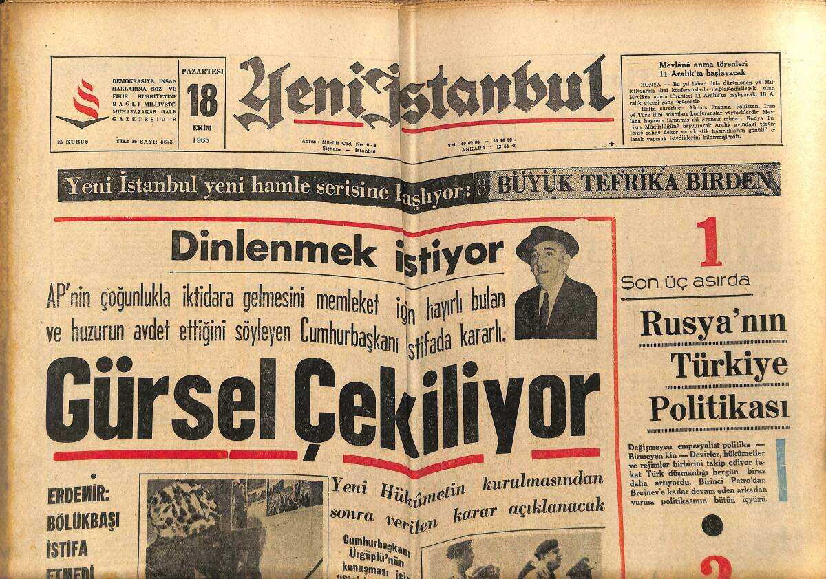 Yeni İstanbul Gazetesi 18 Ekim 1965 - Rusya'nın Türkiye Politikası - Kadıköy Dün Tarihi Bir Gün Daha Yaşadı GZ152637 - 1