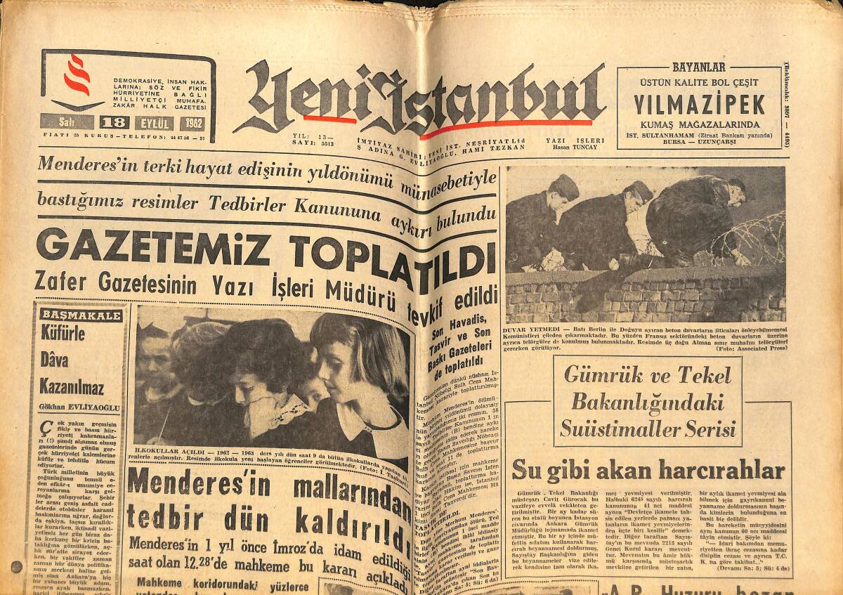 Yeni İstanbul Gazetesi 18 Eylül 1962 - Gümrük - Tekel Bakanı Dün Suiistimallerle İlgili Basın Toplantısı Yaptı GZ148824 - 1