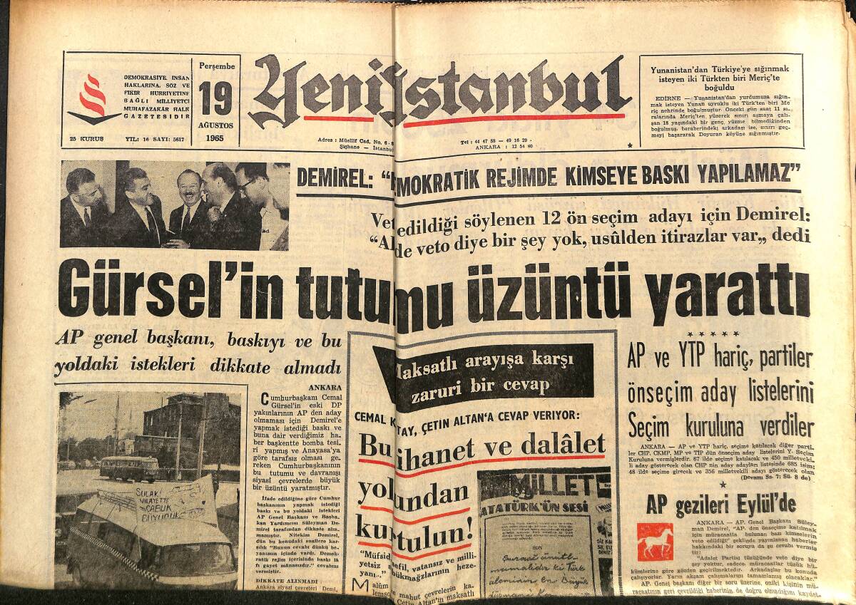 Yeni İstanbul Gazetesi 19 Ağustos 1965 - Demirel Isparta Adayı - Fenerbahçe 1-0 Galatasaray GZ152695 - 1
