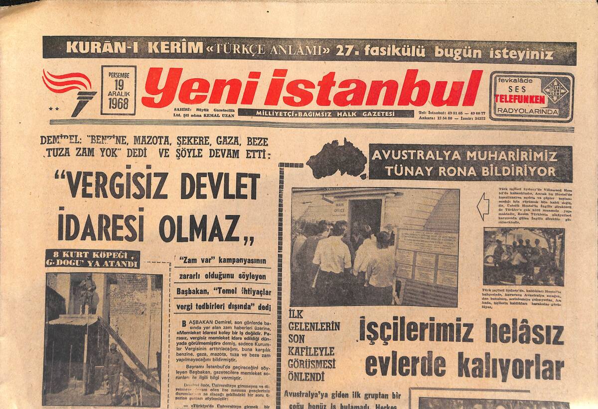 Yeni İstanbul Gazetesi 19 Aralık 1968 - İTÜ, İsrail Şampiyonu Karşısında - Demirel: Vergisiz Devlet İdaresi Olmaz GZ157078 - 1