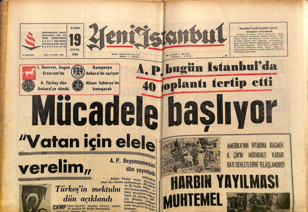 Yeni İstanbul Gazetesi 19 Eylül 1965 - Cooper Ve Conrad Bütün İstanbul'u Dolaşacaklar - Giresun'da Vatandaşın Derdi Fındık GZ152734 - 1