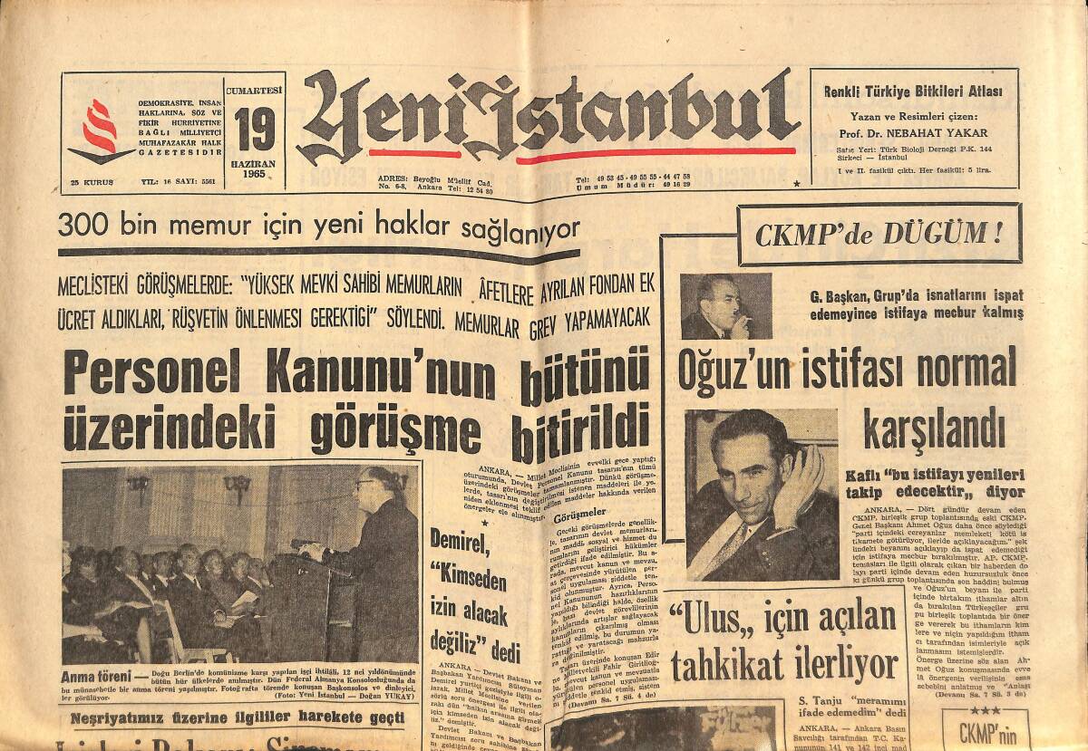 Yeni İstanbul Gazetesi 19 Haziran 1965 - Personel Kanunu'nun Bütünü Üzerindeki Görüşme Bitirildi - Ahmet Oğuz'un İstifası Normal Karşılandı! GZ140518 - 1
