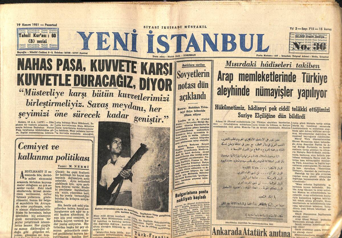 Yeni İstanbul Gazetesi 19 Kasım 1951 - Arap Memleketlerinde Türkiye Aleyhine Nümayişle Yapılıyor - Malmö Galatasaray'ı 3-0 Yendi GZ147548 - 1