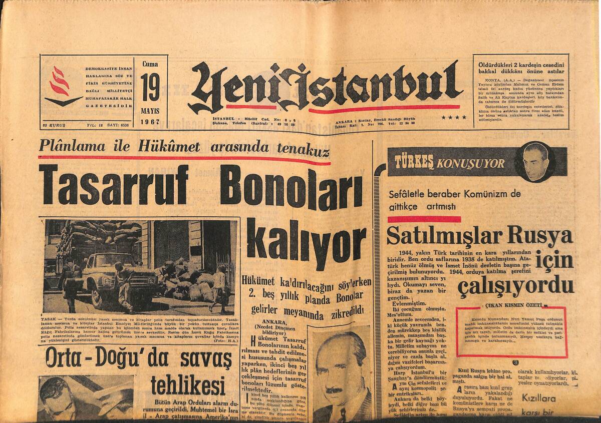 Yeni İstanbul Gazetesi 19 Mayıs 1967 - Tasarruf Bonoları Kalıyor - Galata Köprüsü 2 Gün Trafiğe Kapalı Kalacak GZ150855 - 1