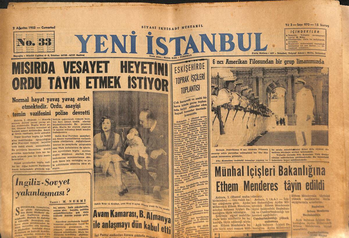 Yeni İstanbul Gazetesi 2 Ağustos 1952 - Münhal İçişleri Bakanlığına Ethem Menderes Tayin Edildi - Eva'nın Cenaze Merasimi 10 Ağustos'ta GZ134000 - 1