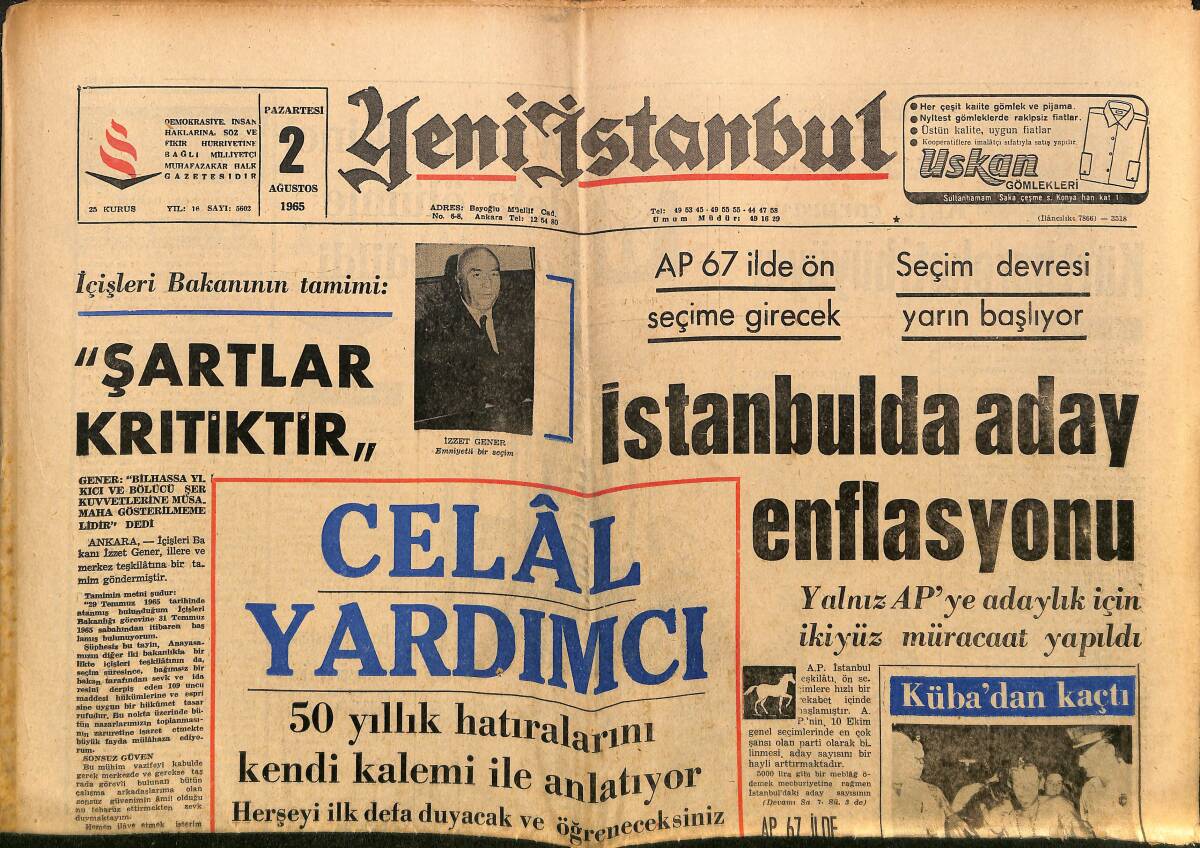 Yeni İstanbul Gazetesi 2 Ağustos 1965 - Celal Yardımcı - Türkeş: Türkiye Kudretli Bir Devlet Olacaktır GZ152809 - 1