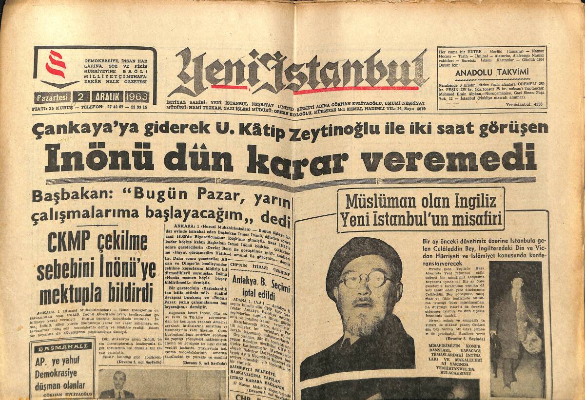 Yeni İstanbul Gazetesi 2 Aralık 1963 - Evliyaoğlu Kennedy Hakkında Konuştu - Kennedy'nin Cenazesinde Johnson Kurşun Geçirmez Araçla Seyahat Etti GZ152662 - 1