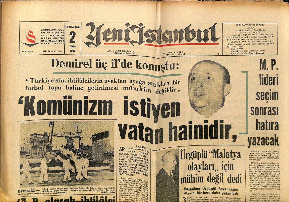 Yeni İstanbul Gazetesi 2 Ekim 1965 - Demirel: Komünizm İsteyen Vatan Hainidir, Vatandaş Ben Müslümanım Diyebilmelidir GZ152691 - 1