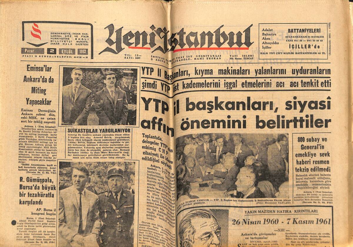 Yeni İstanbul Gazetesi 2 Eylül 1962 - Doğu Almanya Sınır Boyuna Mayın Döktü - Cezayir'de Silahlı Çarpışma Başladı GZ148893 - 1