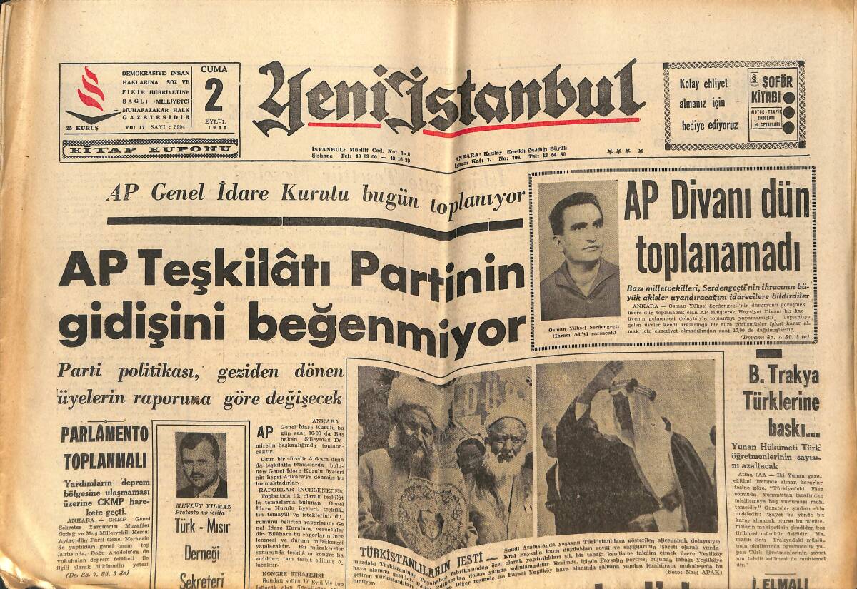 Yeni İstanbul Gazetesi 2 Eylül 1966 - AP Teşkilatı Partinin Gidişini Beğenmiyor - Kral Faysal Ve Eşi İffet Hanım Bir Köyü Himayeleri Altına Aldılar GZ151114 - 1