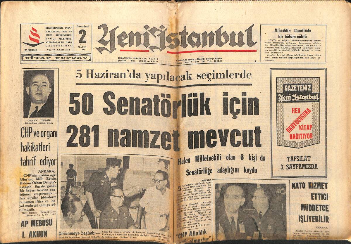 Yeni İstanbul Gazetesi 2 Mayıs 1966 - THY Üç Jet Sipariş Etti - Fenerbahçe, Şampiyon Beşiktaş'ı Yenemedi GZ150799 - 1