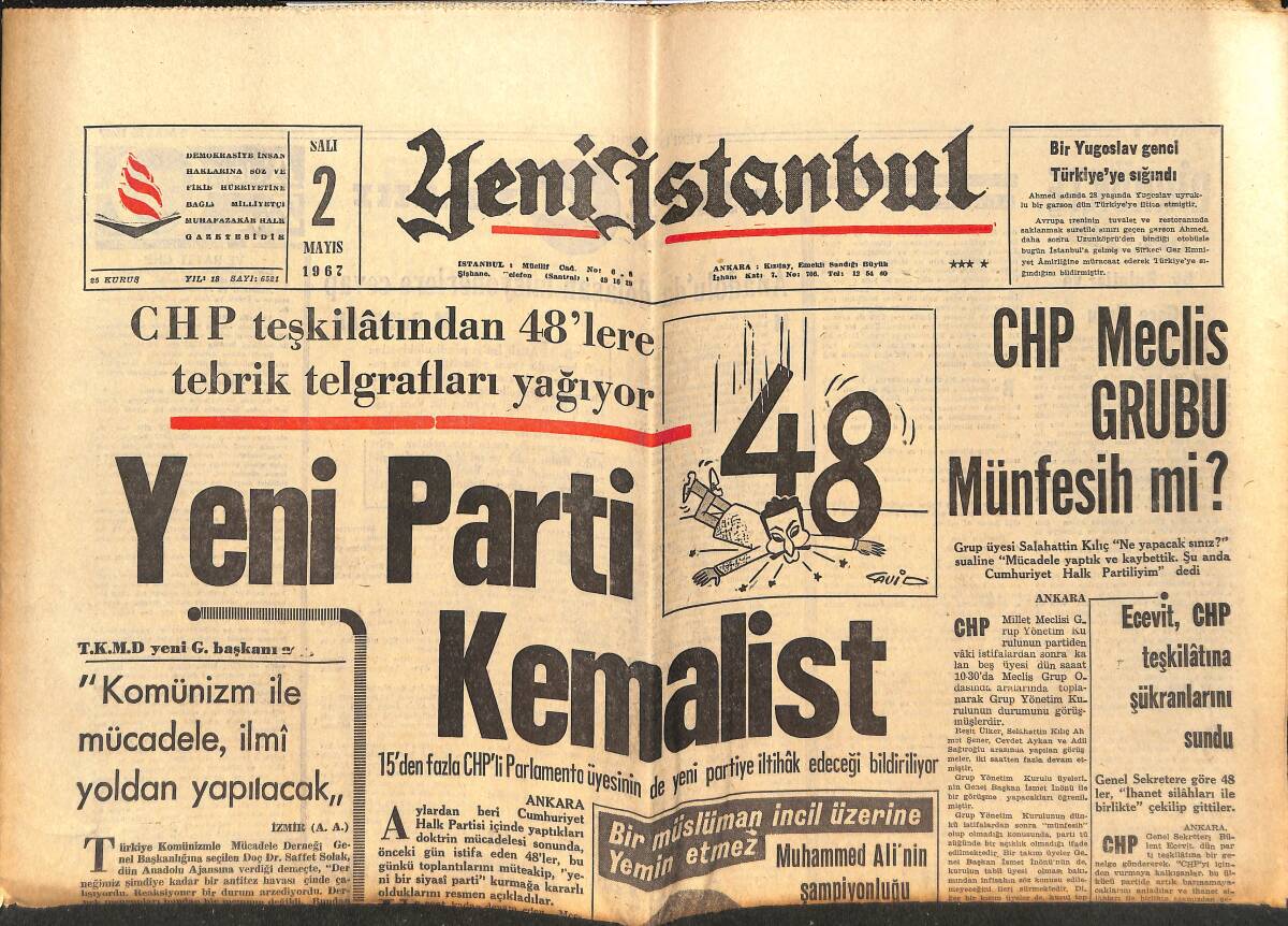 Yeni İstanbul Gazetesi 2 Mayıs 1967 - Yeni Parti Kemalist - Muhammed Ali'nin Şampiyonluk Unvanı Elinden Alındı GZ151145 - 1
