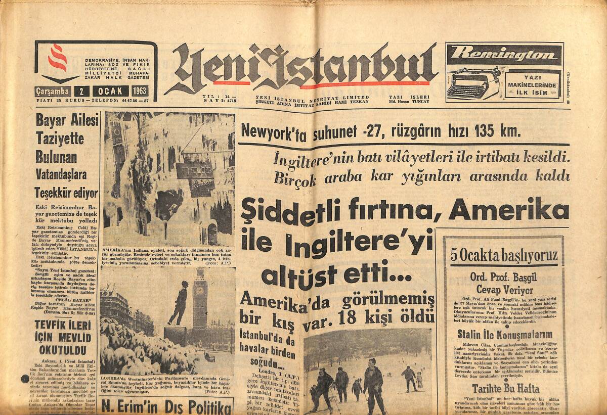 Yeni İstanbul Gazetesi 2 Ocak 1963 - Galatasaray Birincilik Kupasını Milan Maçında Alacak - Yılın Sporcusu Cahit Önel GZ151158 - 1