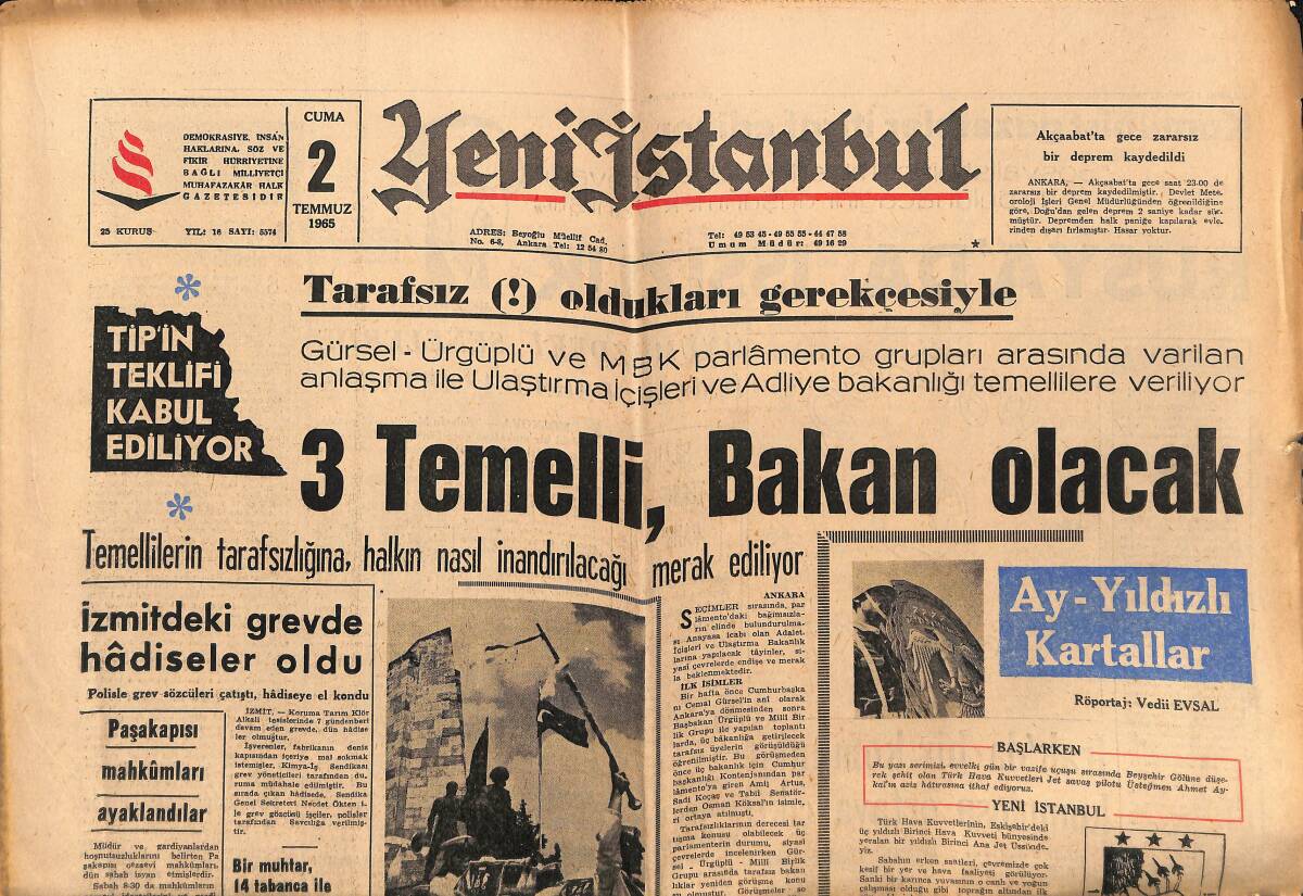 Yeni İstanbul Gazetesi 2 Temmuz 1965 - İstanbul CHP'lileri Birbirlerine Girdi - 3 Temelli , Bakan Olacak GZ150861 - 1