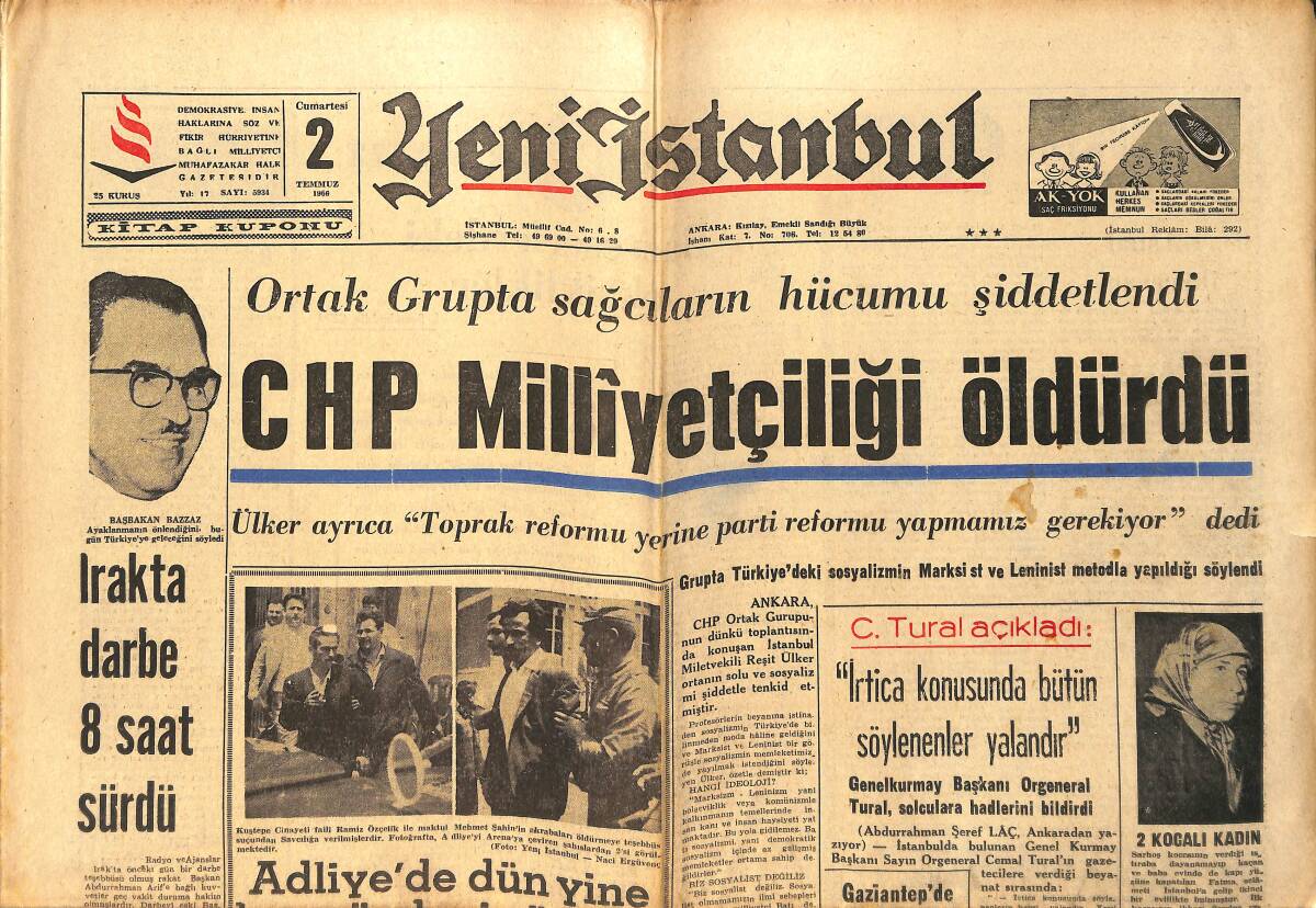 Yeni İstanbul Gazetesi 2 Temmuz 1966 - Irak'ta Darbe 8 Saat Sürdü - Suriyeliler Türkiye'den Mallarını Götürüyorlar GZ158668 - 1