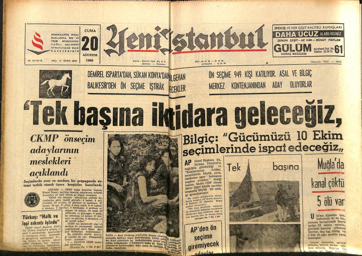 Yeni İstanbul Gazetesi 20 Ağustos 1965 - İnönü'nün Damadı Vergi Ödemiyor - Menderes'in Gürültü Koparan Konuşması GZ152696 - 1