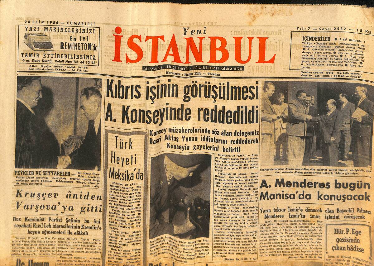 Yeni İstanbul Gazetesi 20 Ekim 1956 - Adnan Menderes Bugün Manisa'da Konuşacak - Galatasaray İle Vefa Karşı Karşıya GZ133295 - 1